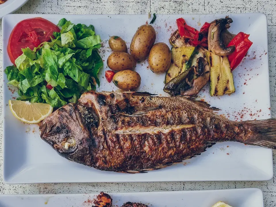 Un poisson grillé et un poulpe, citron et salade